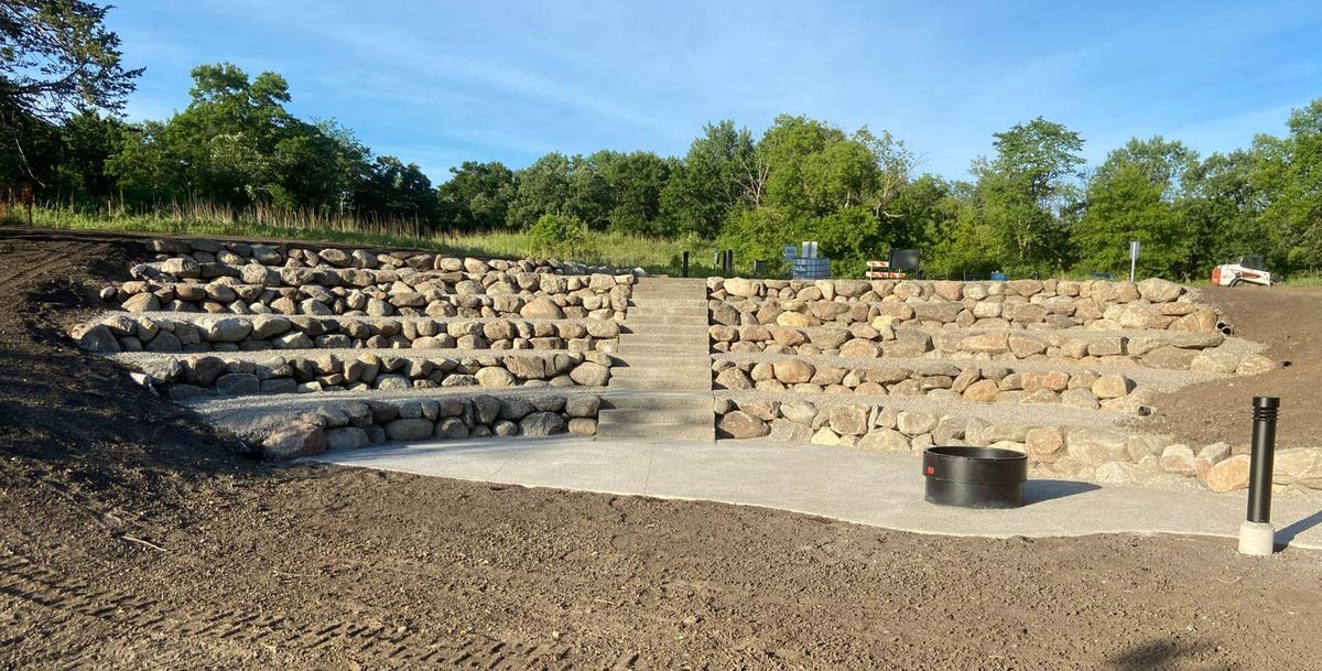 Completed stone amphitheater at Sibley State Park